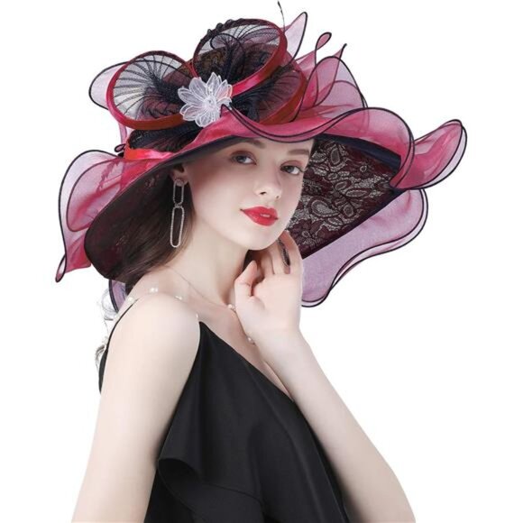 Women Hat Wide Brim Tea Party Fascinator Red x Black